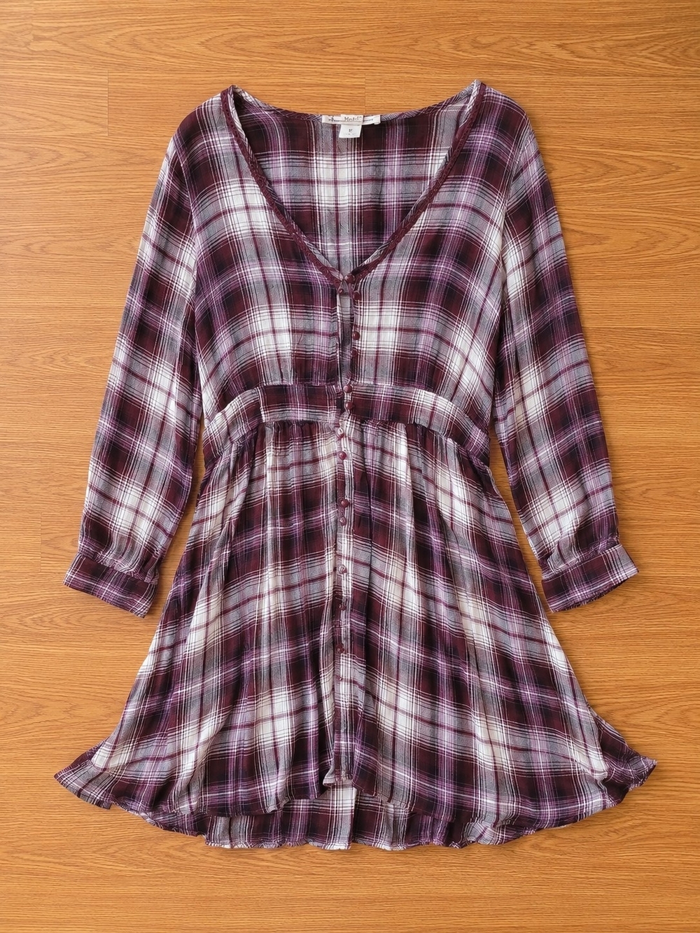 Plaid Button-Front Tunic Dress in Plum and White